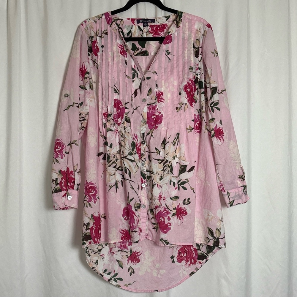 Roaman's Women's Plus Size Plus Size 14 W‎ Floral Pink Pintuck Tunic Cottagecore